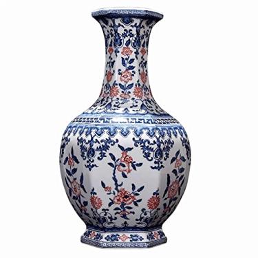 Imagem de AKALNNB Vaso de flor vaso de cerâmica 35,5 cm grande azul e branco vaso de flor de porcelana chinês retrô pintado à mão vasos decorativos de grés sala de estar quarto dezembro