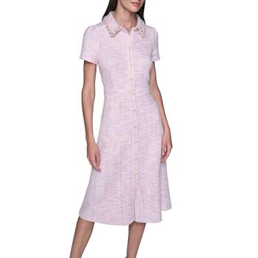 Imagem de Karl Lagerfeld Vestido midi de tweed de malha multitonificado com gola e manga curta, Rosa prisma branco macio multi, 42