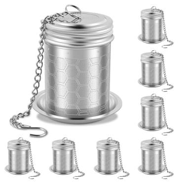 Imagem de 8 coadores de chá para chá solto, infusores de chá de malha extrafina de aço inoxidável 304 com bandeja coletora, gancho de corrente e tampa rosqueada fina, infusores de chá de folhas soltas para chá
