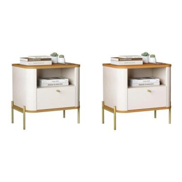 Imagem de Conjunto com 2 Mesas de Cabeceira Curva 1 Gaveta e 1 Nicho Pés e Puxadores em Metal 45cm Tucupí Off White/Marrom/Dourado