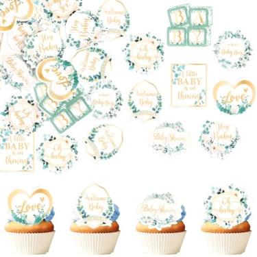 Imagem de 60 Pack Edible Welcome Boy Cupcake Toppers A Little Baby is on the Way Cake Toppers Rice Paper Wafer Paper Cupcake Picks for Kids Birthday Cake Decorations Green