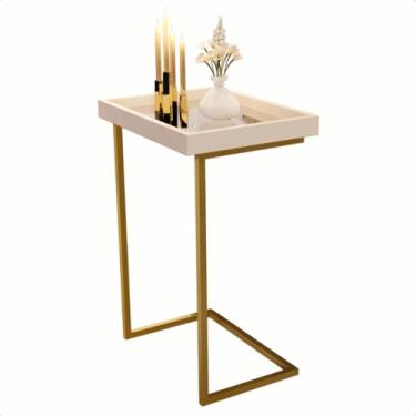 Imagem de Mesa Lateral Espelhada Apoio Sala Sofá com Pés de Ferro Decoração Resistente Elegante e Moderna(Pérola - Dourado)