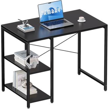 Imagem de Pamray Mesa de computador pequena de 81 cm com prateleiras, mesa de escritório em casa com gancho de fone de ouvido para quarto, mesa de computador de escrita de estudo para espaços pequenos, preta