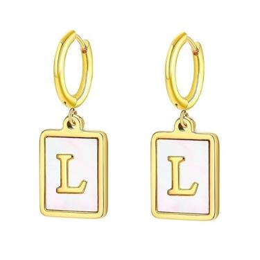 Imagem de Brinco de Argola com Pingente Letra Aço Cirurgico 18K Masculino Feminino Dourada Branca Click Media-Brincos Argolinha Aço Inoxidável Hipoalergenico Unissex Semi Joia Pendente- Presente Feminino Masculino Pai Mãe Namorado Namorada Filho Filha Amiga