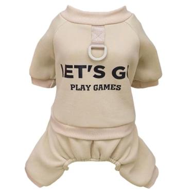 Imagem de Izefia Moletom com capuz para cães, roupas Let's Go, 4 pernas, macacão de lã sem capuz, suéter de inverno quente de algodão com gola redonda, moletom com capuz para cães pequenos, gatos médios, cáqui