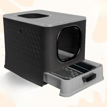 Imagem de Caixa de Areia Fechada Luxo para Gatos - Banheiro Pet com Porta Transparente, Gaveta e 2 Comedouros(SB LUXO+PENEIRA - BLACK/CINZA)