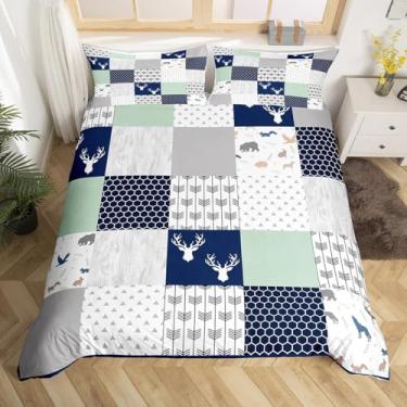 Imagem de Conjunto de capa de edredom de chifre de veado de urso tamanho casal, capa de edredom de caça de animais selvagens com 2 fronhas, colcha de cama geométrica xadrez hexagonal para meninos e adolescentes