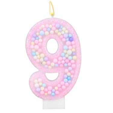 Imagem de Velas de Aniversário Macaron Colorido, Topo Bolo com Tema Doce Velas com Números Rosa Fofos para Crianças Meninas Aniversário Chá de Bebé Casamentos Festas Decoração (Número 9)