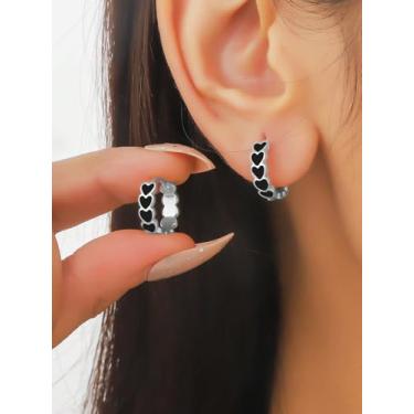 Imagem de Brincos de argola simples de prata esterlina 925 - 15 mm, banhado a ouro 14K, design de coração em gota de óleo preto, brincos circulares hipoalergênicos pequenos e delicados, presente de joia