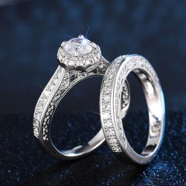 Imagem de Conjunto de 2 peças com 4 garras CZ anel de casamento feminino, 7, Latão, Zircônia cúbica
