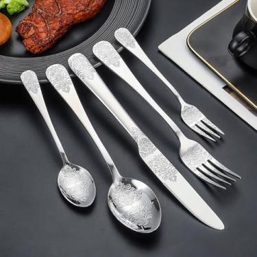 Imagem de Conjunto de 5 peças de talheres com estampa floral retrô de cabeça dupla, espelho de prata polido para casa, restaurante, casamento, festa (prata, 5 peças para 1)