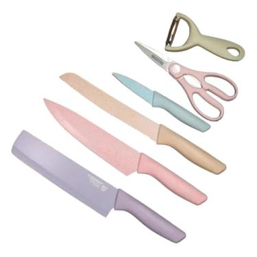 Imagem de Conjunto Jogo Facas Coloridas 6 Peças Inox Kit Culinário Faqueiro Cozinha Churrasco Descascador Tesoura Multifuncional Gourmet Design Premium