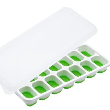 Imagem de Bandeja de cubos de gelo com tampa e lixeira, bandejas de gelo de plástico de silicone para freezer com caixa/recipiente, empilhável com kits de balde gelado de armazenamento, colher, para sopa