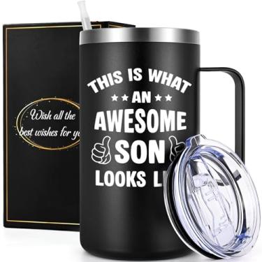 Imagem de Gtmileo Presentes de filho da mamãe pai para o Natal, aniversário, formatura, idade adulta, caneca de café de aço inoxidável com alça e tampa, presentes pretos de 590 ml para filho