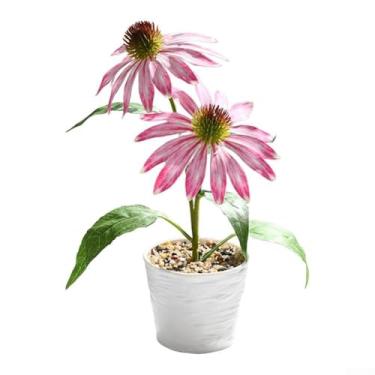 Imagem de Flor artificial equinácea de duas cabeças pequeno bonsai em vaso decoração de casa planta verde artificial flor artificial festa de casamento ornamentos internos plantas falsas dentro de casa