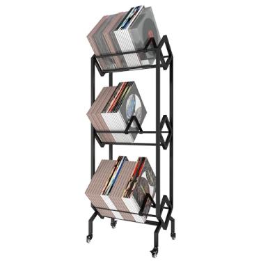 Imagem de Kroey Rack de armazenamento de discos de vinil com rodas de rotação de 360°, suporte de discos para álbuns, prateleira de armazenamento LP de metal
