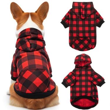 Imagem de PAWNISAW Moletom com capuz para cães, xadrez de Natal quente para cachorro com bolso para clima frio, roupas com capuz para animais de estimação de inverno, para cães pequenos, médios, grandes e GG