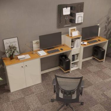Imagem de Conjunto De Escritório Tech 1 Livreiro 1 Buffet E 2 Mesas 90 - Off White E Cedro Off White E Cedro