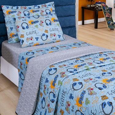 Imagem de Colcha Solteiro Infantil + Jogo De Lençol Games Azul