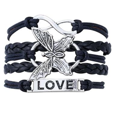 Imagem de Pulseiras de borboleta de couro, envoltório ajustável de liga, pulseiras trançadas multicamadas, pulseiras decorativas de festa com letra amor e borboleta para homens e mulheres, Large, Liga metálica