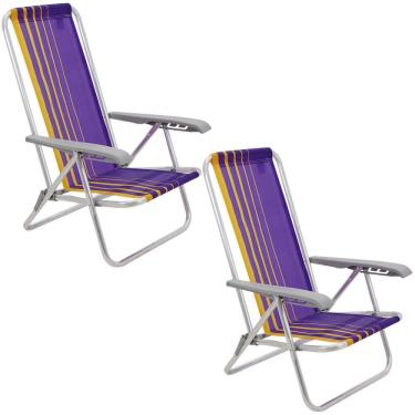 Imagem de Kit 02 Cadeiras de Praia Reclin.Tramontina Bali Baixa em Alumínio c/ Assento Roxo e Amarelo 92900103