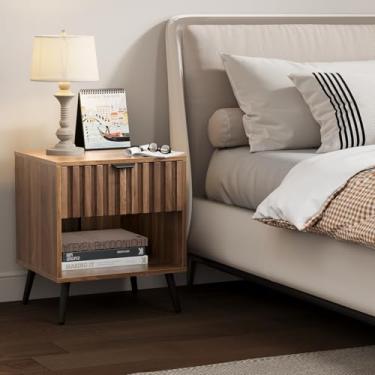 Imagem de Criado-mudo, mesa de cabeceira moderna de meados do século, mesa de cabeceira com gaveta de ripas sem costura, mesas de canto para quarto com pernas de metal, mesa de cabeceira para quarto