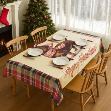 Imagem de HOMETITUTE Toalha de mesa de Natal com estampa retangular de cachorro dachshund com chifres de rena xadrez para sala de jantar, decoração de mesa de inverno, 203 x 152 cm