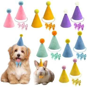 Imagem de 12 peças de mini chapéus coloridos de festa para animais de pelúcia, chapéu cone de feltro de festa de aniversário com gravata borboleta para gatos, bonecas, cães, coelhos, filhotes, decorações de