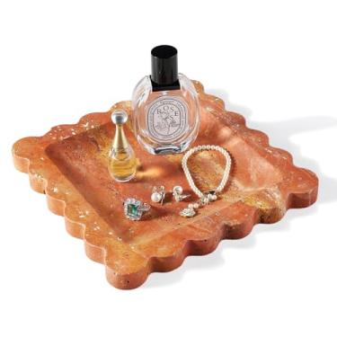 Imagem de Bandeja decorativa travertino, bandeja de mármore de 19,8 cm com recorte para decoração de mesa de centro, joias vintage, prato de pedra bugiganga para brincos de anéis, suporte de colares naturais