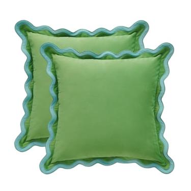 Imagem de MONDAY MOOSE Capas de almofada decorativas, conjunto de 2 designs de borda ondulada de veludo macio, enchimentos de travesseiro não incluídos (azul claro/verde claro, 56 x 56 cm)