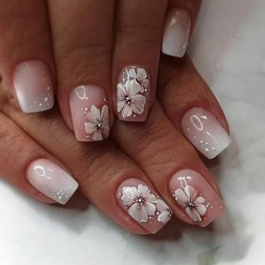 Imagem de Unhas de pressão curtas médias quadradas ombré nude rosa ombré nude rosa nude cola falsas unhas com design de flor requintado cobertura completa bastão falso artificial em unhas de acrílico para