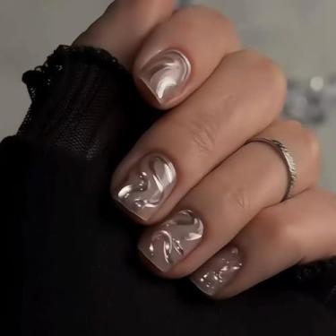 Imagem de Pressionar unhas curtas quadradas olho de gato com cola falsa com design irregular, cobertura total, bastão falso artificial em unha de acrílico para mulheres, uso diário, 24 peças