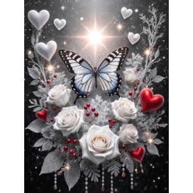 Imagem de Diymood Kits de pintura de borboleta de arte de diamante 5D DIY para adultos, pintura com arte de diamante rosa broca completa tela redonda bordado mosaico iniciante casa decoração de parede presente