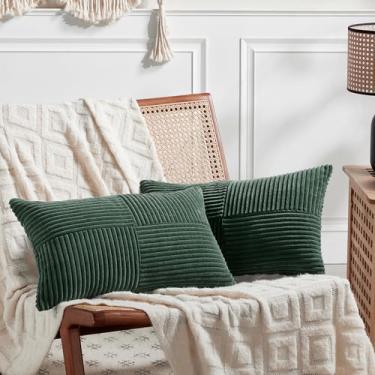 Imagem de Fancy Homi Conjunto de 2 capas de almofada decorativas lombares verde-escuras 35,5 x 55,8 cm para sofá cama de sala de estar, casa de fazenda boêmia, verde floresta, capa de almofada de patchwork de