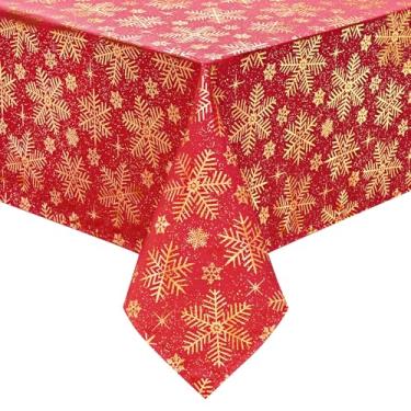 Imagem de Likiyol Toalha de mesa de Natal 139 x 139 cm toalha de mesa dourada com floco de neve, toalha de mesa quadrada, toalha de mesa vermelha para cozinha, jantar, festa, decoração de Natal, vermelha