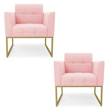 Imagem de Kit 2 Poltronas Elisa Suede Rosa Bebê Base Metálica Industrial Dourada - D'rossi