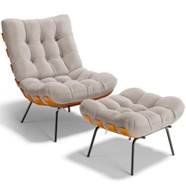 Imagem de Poltrona Costela L02 Com Puff Bouclê Creme - Lyam Decor