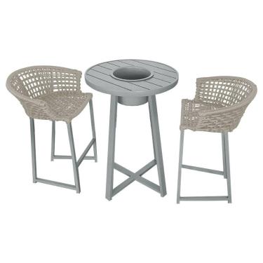 Imagem de Conjunto Bistrô Champanheira Cinza Tampo Ripado E 2 Banquetas Reis Corda Náutica Areia - Cor: Bege