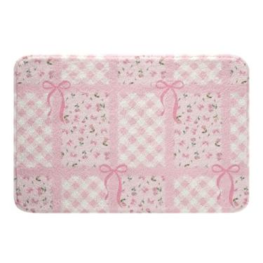 Imagem de Manfei Tapetes de banho fofos com laço floral rosa, tapetes de banheiro, tapetes de banheiro quadriculados geométricos, xadrez, patchwork, decoração de quarto de crianças, meninos e meninas, tapetes