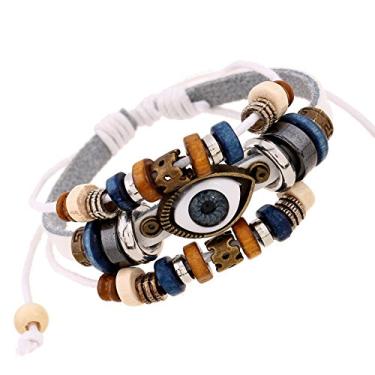 Imagem de Rockyu Pulseira masculina, ajustável, couro bovino, elegante, estilo antigo, motivo de olho, pulseira de contas multicamadas, casais, presente, presente de aniversário, ミディアム, Couro bovino, Sem Pedra