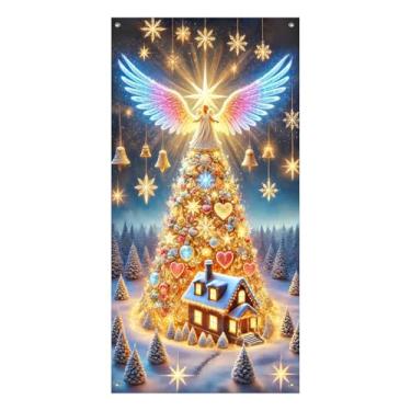 Imagem de BlissYard Capa para porta de Feliz Natal 89,5 x 188 cm, banners de porta de varanda para decoração de árvore de anjo, decoração de árvore de anjo, fundo de sinalização do país das maravilhas de
