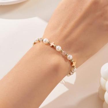Imagem de Pulseiras de contas cruzadas empilhadas para mulheres, pulseira de cristal, batismo, primeira confirmação, comunhão, presentes religiosos, joias, moda moderna, Medium, Latão, Sem Pedra Preciosa