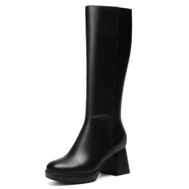 Imagem de DOBOLIN Botas de cano alto para mulheres, botas de plataforma de panturrilha larga com salto quadrado grosso, botas modernas de couro PU, Preto, 8.5 Wide
