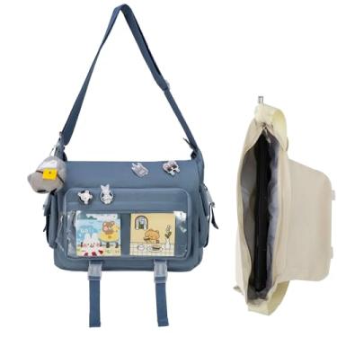 Imagem de Bolsa tiracolo Kawaii para mulheres com alfinete e pinguim de pelúcia, bolsa mensageiro fofa bolsa tiracolo japonesa bolsa Y2K, Azul, Large-Fit Laptop