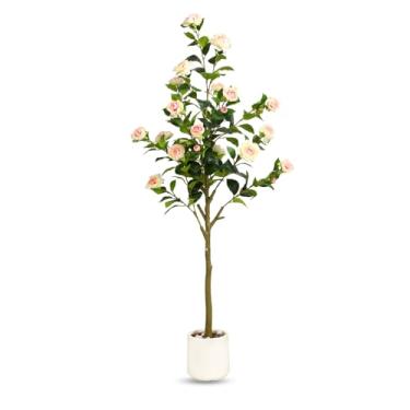 Imagem de Camélia artificial de 1,8 m com plantador e seixos brancos, árvore de flores artificiais com folhas realistas e tronco realista, planta alta em vaso falso para decoração de casa interna e externa