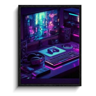 Imagem de Arte de parede para jogos Cyberpunk, configuração de mesa neon, decoração de parede cyberpunk, impressão em tela emoldurada com acabamento fosco, arte de pôster de jogos, para presente de sala de