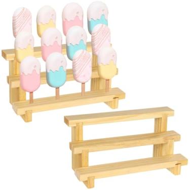 Imagem de Suporte de exibição de bolo de madeira de 2 peças, suporte de 3 camadas para casamentos e festas, prateleira retangular de 12 furos