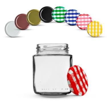 Imagem de Pote Vidro Pequeno, 12 Potes de Vidro 240ml com Tampas Metálicas E Lacres(Vermelho Xadrez)