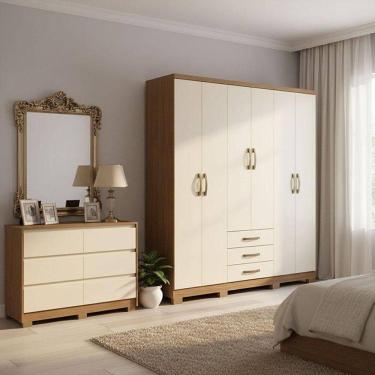 Imagem de Guarda Roupa Casal Caju 6 Portas Ambiente E Cômoda Ravenna Nature Off White - Henn