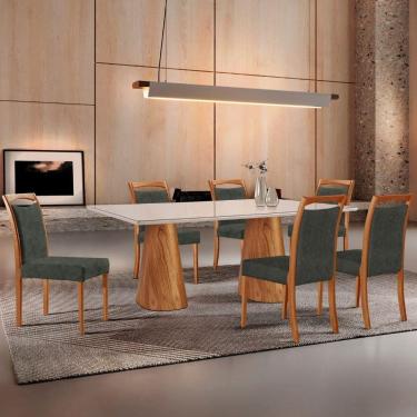 Imagem de Mesa Noronha 180cm Tampo Com Vidro Laqueado Com 6 Cadeiras Jade Off White Imbuia Natural